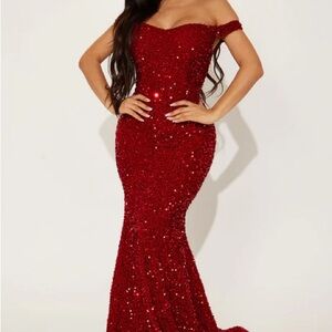 Fashion Nova Red Sequin Off-Shoulder Maxi Dress